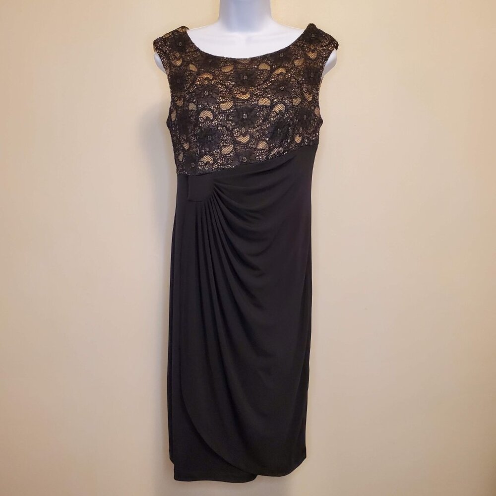 Connected Apparel Black Nude Faux-Wrap Lace Overlay Cap Sleeve Midi Dress - 8P